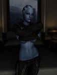  3d alien asari bed blue_eyes blue_skin breasts clothing female liara_t&#039;soni liara_t'soni lips looking_at_viewer mass_effect navel neehs solo undressing 