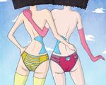  ass bare_back black_hair blue_sky bodypaint cloud cloudy_sky day elbow_gloves gloves hand_on_hip hand_on_shoulder head_out_of_frame kiwi_(one_piece) mos_(one_piece) multiple_girls one_piece panties red_panties siblings sisters sky star_tattoo striped striped_panties stuffed_animal stuffed_toy tattoo teddy_bear thighhighs topless twins underwear yellow_panties 