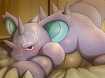  bed blush cum cum_on_face horn looking_at_viewer lying maggotscookie male nidoking nintendo pok&#233;mon pokemon sheets solo video_games 