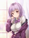  bow breasts button_gap collared_shirt commentary_request eyebrows_visible_through_hair highres jacket large_breasts lavender_hair off_shoulder purple_bow purple_jacket purple_neckwear revision shinjou_akane shirt short_hair sleeves_past_wrists solo ssss.gridman taro_(ultrataro) uniform white_shirt zipper_pull_tab 