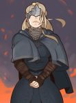  1girl blonde_hair breasts capelet closed_mouth covered_eyes cowboy_shot dark_souls_iii fire fire_keeper hands_together highres jewelry lips long_hair mask necklace smile solo souls_(from_software) splashbrush 