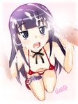  1girl bangs bikini blue_eyes blunt_bangs blush breasts character_name cum cum_in_mouth cum_on_hair facial from_above handjob hetero long_hair medium_breasts micro_bikini open_mouth penis red_bikini ribbon solo_focus swimsuit thigh_strap working!! yamada_aoi zero_hime 