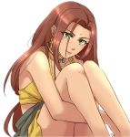  arc_the_lad arc_the_lad_ii bare_shoulders brown_hair commentary_request dark_skin dress green_eyes long_hair looking_at_viewer sania_(arc_the_lad) simple_background sitting smile solo tank_top 