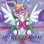  &lt;3 balloons blonde_hair blush bow box cutie_mark equine eyewear female feral flippers friendship_is_magic fur glasses hair liquid looking_at_viewer mammal my_little_pony ninjaham nude pegasus ponilove purple_eyes pussy ribbons solo surprise surprise_(mlp) text white_fur wings 