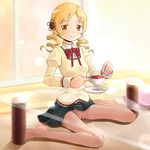  1girl blonde_hair blush cup drill_hair female glass_table hair_ornament legs mahou_shoujo_madoka_magica mami_tomoe no_panties pubic_hair pussy school_uniform shuuji_(shumi) sitting skirt smile solo spread_legs table tea teacup thighs tomoe_mami twin_drills twintails uncensored wariza yellow_eyes 