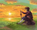  arren cloud gedo_senki grass male_focus sitting sky solo sunset sword weapon 