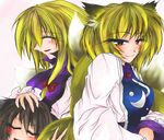  aiba_kinoko_(aozora) animal_ears blonde_hair blush bow brown_hair chen closed_eyes dress fox_ears fox_tail hair_bow long_sleeves looking_at_viewer multiple_girls multiple_tails petting red_bow sleeping tabard tail touhou white_dress wide_sleeves yakumo_ran yakumo_yukari 