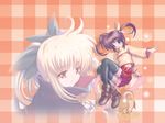  2girls blonde_hair cape fate_testarossa ferret kashi lyrical_nanoha magic_circle magical_girl mahou_shoujo_lyrical_nanoha multiple_girls takamachi_nanoha thighhighs twintails yuuno_scrya 