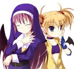  arcana_heart arcana_heart_2 bat_wings belt blonde_hair blue_eyes blush bra choker clarice_di_lanza closed_eyes demon_girl dress earrings elbow_pads fingerless_gloves flat_chest gloves happy jewelry lilica_felchenerow lingerie long_hair multiple_girls nun pointing pointy_ears purple_hair safi short_hair short_twintails smile turtleneck twintails underwear unzipped very_long_hair wings zipper 