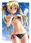  bikini black_bikini blonde_hair blue_eyes breasts cloud cowboy_shot day hair_ribbon hands_on_own_chest katahira_masashi long_hair looking_at_viewer navel original outdoors ribbon side-tie_bikini sky small_breasts solo string_bikini swimsuit twintails underboob 