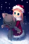  &gt;_&lt; :d blonde_hair blush breath cat chinchickrin christmas closed_eyes fang green_eyes hat long_hair looking_at_viewer night open_mouth original santa_costume santa_hat smile snow snowing stuffed_animal stuffed_cat stuffed_toy very_long_hair winter xd 