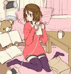  blush brown_eyes brown_hair cup knitting mattaku_mousuke original shorts sitting sketch solo thighhighs wariza 