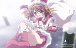  :d arm_warmers brown_hair capelet christmas dress fur_trim hat izumi_bell looking_at_viewer open_mouth red_capelet red_dress red_eyes sack santa_costume santa_hat short_hair smile snow snowing solo suzumiya_haruhi suzumiya_haruhi_no_yuuutsu 