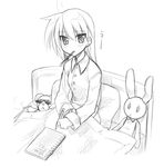  bed fever greyscale hiiragi_kagami himura_kiseki lucky_star mechanical_pencil monochrome notebook pajamas pencil sick sketch solo stuffed_animal stuffed_bunny stuffed_toy tears thermometer 