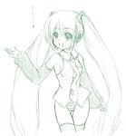  cameltoe eighth_note green hatsune_miku johnny_(from_scratch) long_hair monochrome music musical_note no_pants open_mouth panties singing solo striped striped_panties thigh_gap thighhighs twintails underwear very_long_hair vocaloid 