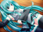  amino_kohaku green_hair hatsune_miku long_hair lying necktie panties pantyshot pantyshot_(lying) solo thighhighs twintails underwear very_long_hair vocaloid 