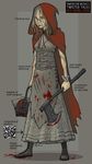  american_mcgee_(artist) axe basket belt blonde_hair blood boots coat concept_art facial_scar grimm's_fairy_tales hood little_red_riding_hood little_red_riding_hood_(grimm) nose_scar one-eyed red_coat scar solo weapon 
