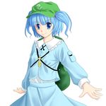 backpack bag blue_dress blue_eyes blue_hair collar dress flat_cap frills hat kawashiro_nitori key looking_at_viewer lowres mozan short_hair simple_background solo touhou two_side_up white_background 