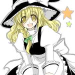  :d apron bangs black_hat black_skirt black_vest blonde_hair blush bow braid cowboy_shot eyebrows eyebrows_visible_through_hair frilled_apron frills green_bow hair_bow hat hat_bow hat_ribbon juliet_sleeves kirisame_marisa long_hair long_sleeves looking_at_viewer lowres open_mouth puffy_sleeves ribbon shirt simple_background single_braid skirt smile socks solo star tajima_yuuki touhou turtleneck upper_body vest waist_apron white_apron white_background white_bow white_legwear white_ribbon white_shirt witch_hat yellow_eyes 