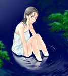  brown_hair camisole long_hair mokyusuke original sitting smile solo water wet wet_clothes 
