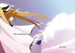  blonde_hair blush cape closed_mouth cloud fate_testarossa lyrical_nanoha magical_girl mahou_shoujo_lyrical_nanoha_strikers multiple_girls muraya_yoshihisa no_jacket outdoors purple_eyes red_hair smile solo_focus takamachi_nanoha text_focus twintails upper_body wind 