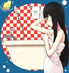  bangs bare_shoulders bathtub black_hair blunt_bangs body_mahattaya_ginga brown_eyes from_side hand_up long_hair looking_away naked_towel original profile rubber_duck shower_head solo towel towel_rack 