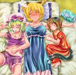  animal_ears artist_request blonde_hair blush cat_ears cat_tail chen closed_eyes fish fox_ears hat long_hair lying multiple_girls pillow short_hair sleeping sleepwear tail touhou yakumo_ran yakumo_yukari 