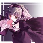  black_dress brown_eyes collarbone detached_collar dress frilled_sleeves frills juliet_sleeves long_hair long_sleeves looking_at_viewer lowres noripachi puffy_sleeves rozen_maiden silver_hair solo suigintou very_long_hair 