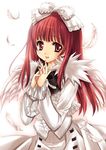  bow deathsmiles dress feathers gothic_lolita hair_bow hands_together lolita_fashion long_hair own_hands_together pink_eyes red_hair smile solo windia_(deathsmiles) yukiwo 
