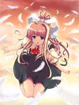  air blonde_hair blue_eyes bow bowtie feathers flying full_body hair_ribbon kamio_misuzu kashi long_hair looking_at_viewer looking_back outstretched_arms ponytail red_bow red_hair red_neckwear ribbon sidelocks solo very_long_hair white_ribbon 