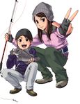  1girl beanie fingerless_gloves fish fishing_rod gloves hat holding holding_fishing_rod original squatting unasaka_ryou v 