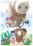  :d :o aircraft animal animal_ears arikawa aroe bangs binchou-tan binchou-tan_(character) black_hair blue_eyes blue_hair blunt_bangs blush braid bunny_ears chiku-rin chiku-tan day dirigible donkey everyone flying full_body kunugi-tan multiple_girls open_mouth outdoors path pink_hair ren-tan road short_hair smile standing tareme twin_braids walking zeppelin 