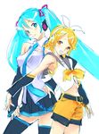  bad_id bad_pixiv_id blonde_hair blue_eyes blue_hair blue_neckwear detached_sleeves hatsune_miku kagamine_rin long_hair lowres multiple_girls necktie nishieda orange_eyes short_hair shorts skirt thighhighs twintails very_long_hair vocaloid 