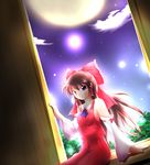  ascot bare_shoulders collar detached_sleeves dress dutch_angle glowing hakurei_reimu long_sleeves looking_at_viewer moon nanaume_(shichimi_tougarashi) red_dress ribbon-trimmed_sleeves ribbon_trim sidelocks sitting sky solo star_(sky) starry_sky touhou 