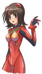  :o amami_haruka arm_at_side bangs black_hair blunt_bangs blush bodysuit bracer breasts cosplay cowboy_shot cropped_legs flipped_hair from_side gloves green_eyes hand_up headgear idolmaster idolmaster_(classic) idolmaster_1 looking_at_viewer neon_genesis_evangelion open_mouth parted_bangs pilot_suit plugsuit red_bodysuit rison shiny shiny_clothes short_hair simple_background skinny small_breasts solo souryuu_asuka_langley souryuu_asuka_langley_(cosplay) turtleneck white_background 