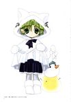  ankle_boots black_skirt boots cloak dejiko di_gi_charat full_body fur_trim gema green_eyes green_hair highres holding hood hooded_cloak koge_donbo long_sleeves looking_at_viewer pantyhose pom_pom_(clothes) simple_background skirt solo standing white white_background 
