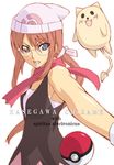  beanie blue_eyes brown_hair cosplay glasses haruka_shiya hasegawa_chisame hat hikari_(pokemon) hikari_(pokemon)_(cosplay) mahou_sensei_negima! mouse parody poke_ball poke_ball_(generic) pokemon ponytail simple_background solo spirit white_background 