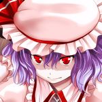  closed_mouth face fukurou hat lowres pink_hat purple_hair red_eyes remilia_scarlet solo staring touhou 