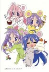  4girls :d =_= animal_costume blue_eyes bowl closed_eyes cream eating food fruit heart highres hiiragi_kagami hiiragi_tsukasa izumi_konata long_hair long_sleeves looking_at_viewer lucky_star mandarin_orange mole mole_under_eye mouse_costume multiple_girls open_mouth pink_hair purple_eyes purple_hair running simple_background smile takara_miyuki very_long_hair white_background 