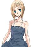  :o black_dress blonde_hair blue_eyes blush collarbone dress looking_at_viewer mumu open_mouth original short_hair simple_background sketch sleeveless sleeveless_dress solo spaghetti_strap sundress upper_body white_background 