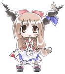  bangs blush bow brown_eyes brown_hair chain chibi eyebrows eyebrows_visible_through_hair hair_bow horn_ribbon horns ibuki_suika kugelschreiber long_hair looking_up lowres open_mouth ribbon ribbon-trimmed_skirt ribbon_trim shirt shoe_bow shoes skirt socks solo torn_clothes torn_sleeves touhou v_arms wrist_cuffs 