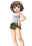  breasts brown_hair camouflage camouflage_shorts fang kusakabe_misao lucky_star short_hair shorts sideboob small_breasts solo tank_top umekichi yellow_eyes 