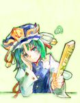  artist_request chin_rest green_eyes green_hair hat ribbon rod_of_remorse shiki_eiki short_hair sigh simple_background sketch solo touhou 