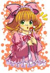  blonde_hair bow food fruit green_eyes hair_ribbon hina_ichigo kink object_namesake pink_bow ribbon rozen_maiden short_hair strawberry 