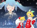  2girls brother_and_sister christmas green_hair hatsune_miku kagamine_len kagamine_rin multiple_girls pochi_(pochi-goya) santa_costume siblings twins twintails vocaloid 