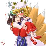  animal_ears blonde_hair cat_ears chen dated fox_tail hat long_sleeves lowres multiple_girls pillow_hat sasuke_(sasuke_no_sato) shoes short_hair socks tail tassel touhou white_background yakumo_ran 