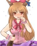  alcohol blush bottle bow breasts brown_eyes brown_hair drooling drunk hair_bow horn_ribbon horns ibuki_suika indian_style jyako lowres medium_breasts ribbon sake sitting solo touhou wrist_cuffs 