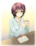  book brown_eyes cardigan collar collarbone cup dasoku_sentarou glasses holding looking_at_viewer open_book original purple_hair rimless_eyewear short_hair sitting solo tea teacup upper_body yellow_eyes 