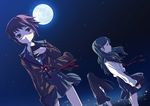  androgynous asakura_ryouko black_hair blazer dutch_angle full_moon green_hair grey_skirt jacket kimidori_emiri kita_high_school_uniform long_hair long_sleeves looking_at_viewer moon multiple_girls nagato_yuki night night_sky profile red_hair sailor_collar school_uniform serafuku shirt short_hair skirt sky standing star_(sky) starry_sky suzumiya_haruhi_no_yuuutsu very_long_hair wavy_hair white_shirt yuuji 