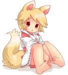  animal_ears artist_request barefoot blonde_hair brown_eyes child detached_sleeves fox_ears japanese_clothes miko original solo tail 